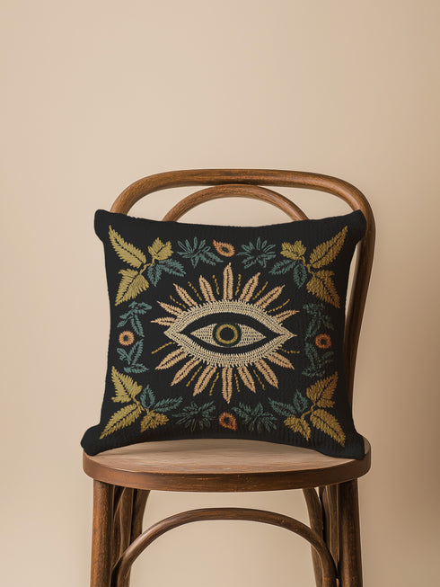 A black woven throw pillow featuring intricate embroidery of an Evil Eye motif in gold, ivory, and green, surrounded by detailed botanical flourishes.